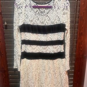 A'Reve Cream Lace Dress with Black Stripes